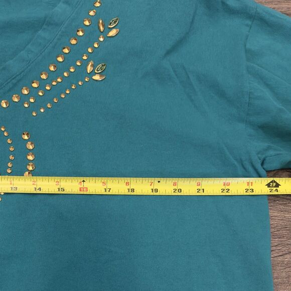 Sweet Blondie Shirt Teal V Neck Rhinestone Studded 90s 80s Wmns OS Made in USA - Picture 7 of 9